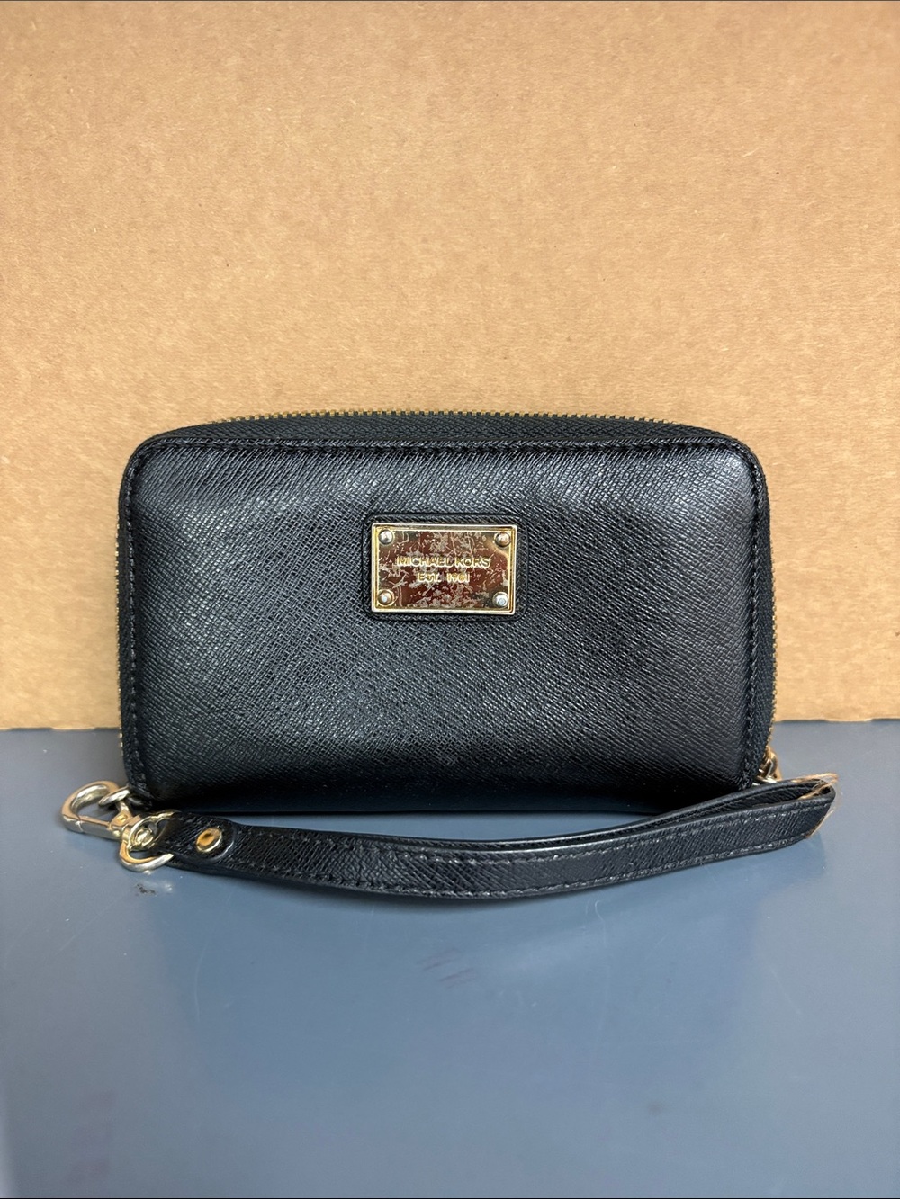 Michael Kors Black Saffiano Zip-Around Wallet with Gold Plaque